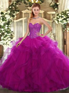 New Arrival Sleeveless Floor Length Beading and Ruffles Lace Up Quince Ball Gowns with Fuchsia