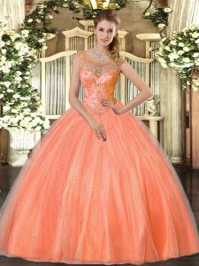 Floor Length Lace Up Quinceanera Gowns Orange Red for Sweet 16 and Quinceanera with Beading