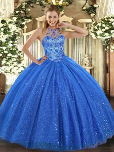 Blue Ball Gowns Tulle Halter Top Sleeveless Beading and Embroidery Floor Length Lace Up Quince Ball Gowns