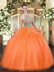 Nice Halter Top Sleeveless Lace Up 15 Quinceanera Dress Orange Red Tulle