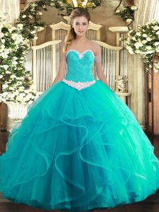 Shining Turquoise Lace Up Sweetheart Appliques and Ruffles Vestidos de Quinceanera Tulle Sleeveless