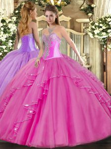 Fuchsia Sleeveless Floor Length Beading and Ruffles Lace Up Quinceanera Gowns