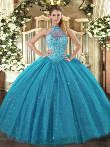 Clearance Teal Quince Ball Gowns Sweet 16 and Quinceanera with Beading and Embroidery Halter Top Sleeveless Lace Up