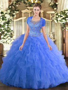 Shining Beading and Ruffled Layers Quinceanera Gowns Baby Blue Clasp Handle Sleeveless Floor Length