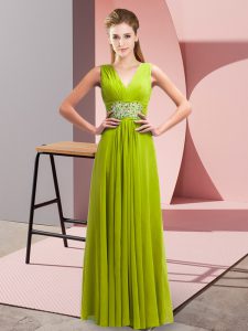 Yellow Green Empire Chiffon V-neck Sleeveless Beading Floor Length Lace Up Prom Evening Gown