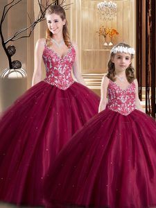 Fashion V-neck Sleeveless Lace Up Quinceanera Dresses Wine Red Tulle