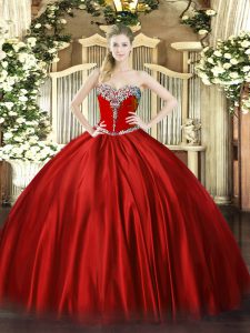 Cheap Wine Red Ball Gowns Beading Quinceanera Dress Lace Up Satin Sleeveless Floor Length