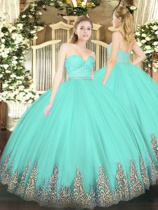 Apple Green Tulle Zipper Ball Gown Prom Dress Sleeveless Floor Length Beading and Lace and Appliques