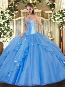 Sexy Baby Blue Sleeveless Floor Length Beading and Ruffles Lace Up Quinceanera Dresses