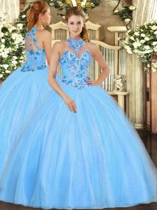 Discount Baby Blue Sleeveless Embroidery Floor Length Ball Gown Prom Dress