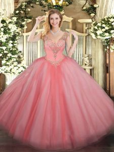 Custom Fit Sleeveless Floor Length Beading Lace Up Sweet 16 Quinceanera Dress with Watermelon Red