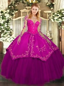 Attractive Fuchsia Long Sleeves Organza and Taffeta Lace Up Quince Ball Gowns for Military Ball and Sweet 16 and Quincea