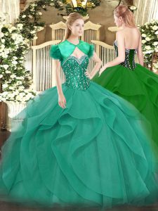 Turquoise Sleeveless Beading and Ruffles Floor Length Quince Ball Gowns
