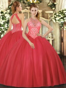Modest Red Sleeveless Floor Length Beading Lace Up 15 Quinceanera Dress
