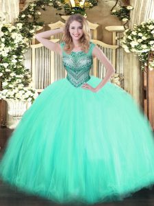 Floor Length Apple Green Ball Gown Prom Dress Tulle Sleeveless Beading