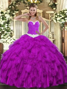 Suitable Sweetheart Sleeveless Organza Vestidos de Quinceanera Appliques and Ruffles Lace Up