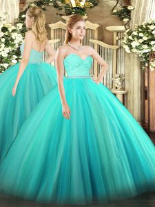 Flare Turquoise Tulle Zipper Quinceanera Gown Sleeveless Floor Length Beading and Lace