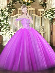 Lilac Tulle Lace Up Off The Shoulder Sleeveless Floor Length Sweet 16 Dress Beading