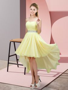 High End A-line Prom Gown Light Yellow Sweetheart Chiffon Sleeveless High Low Lace Up