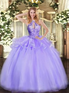 Floor Length Lavender 15th Birthday Dress Organza Sleeveless Beading