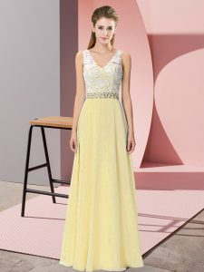 Artistic Sleeveless Floor Length Beading Backless Dress for Prom with Light Yellow