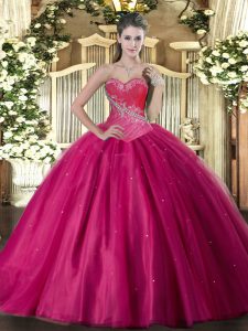 Classical Fuchsia Ball Gowns Sweetheart Sleeveless Tulle Floor Length Lace Up Beading Sweet 16 Dress