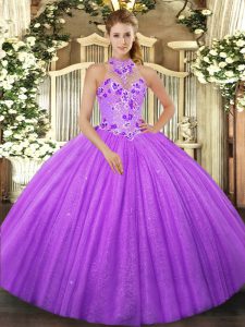 Ball Gowns Sweet 16 Quinceanera Dress Lavender Halter Top Tulle Sleeveless Floor Length Lace Up