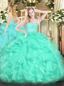 Turquoise Quinceanera Gowns Military Ball and Sweet 16 and Quinceanera with Beading and Lace and Ruffles Sweetheart Slee