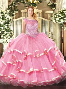 Pretty Organza Sleeveless Floor Length 15 Quinceanera Dress and Beading and Ruffled Layers
