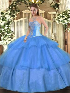 Glorious Baby Blue Tulle Lace Up Quinceanera Gown Sleeveless Floor Length Beading and Ruffled Layers
