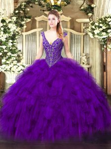 Vintage Purple Organza Lace Up V-neck Sleeveless Floor Length Quinceanera Dresses Beading and Ruffles