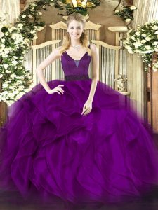Nice Purple Sleeveless Floor Length Beading and Ruffles Zipper Vestidos de Quinceanera