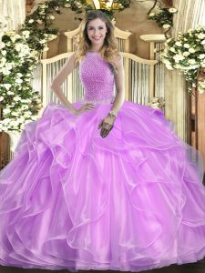 Floor Length Lace Up Sweet 16 Quinceanera Dress Lilac for Military Ball and Sweet 16 and Quinceanera with Beading and Ru