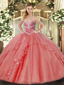 Dynamic Sleeveless Tulle Floor Length Lace Up Sweet 16 Dresses in Coral Red with Beading and Ruffles