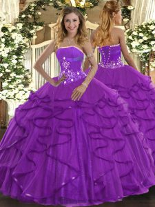 Fine Purple Sleeveless Tulle Lace Up Sweet 16 Dresses for Military Ball and Sweet 16 and Quinceanera