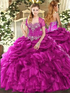 Ideal Ball Gowns Sweet 16 Quinceanera Dress Fuchsia Sweetheart Organza Sleeveless Floor Length Lace Up
