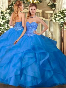 Blue Tulle Lace Up Quinceanera Dresses Sleeveless Floor Length Appliques and Ruffles