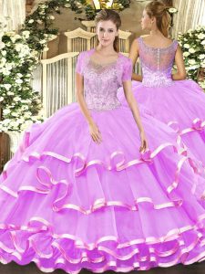 Elegant Beading and Ruffled Layers Quinceanera Dress Lilac Clasp Handle Sleeveless Floor Length