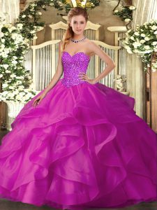 Classical Sweetheart Sleeveless Quinceanera Gown Floor Length Beading and Ruffles Fuchsia Tulle