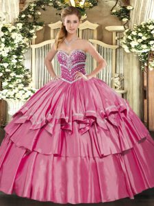 Hot Pink Ball Gowns Organza and Taffeta Sweetheart Sleeveless Beading and Ruffled Layers Floor Length Lace Up 15th Birth