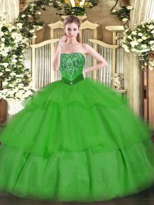 Custom Made Strapless Sleeveless Lace Up 15 Quinceanera Dress Green Tulle