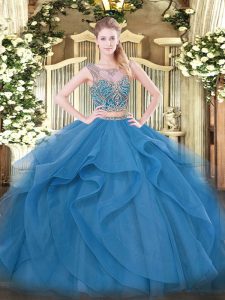 Two Pieces Sweet 16 Quinceanera Dress Blue Scoop Tulle Sleeveless Floor Length Lace Up