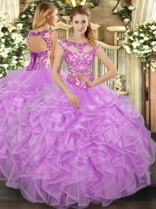 Admirable Lilac Scoop Lace Up Beading and Appliques and Ruffles Vestidos de Quinceanera Cap Sleeves