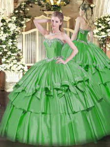 Vintage Green Organza and Taffeta Lace Up Sweetheart Sleeveless Floor Length 15 Quinceanera Dress Beading and Ruffled La