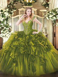 Gorgeous Olive Green V-neck Neckline Beading and Ruffles Quinceanera Dresses Sleeveless Lace Up