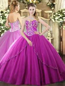 Sleeveless Beading Lace Up Quinceanera Gown with Fuchsia Brush Train