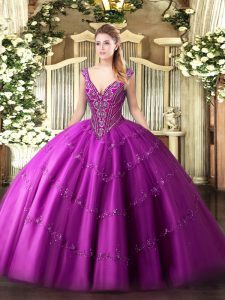 Amazing V-neck Sleeveless Lace Up Quinceanera Gowns Fuchsia Tulle