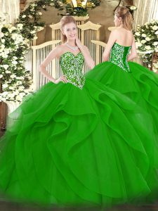 Comfortable Sleeveless Tulle Floor Length Lace Up 15th Birthday Dress in Green with Beading and Ruffles