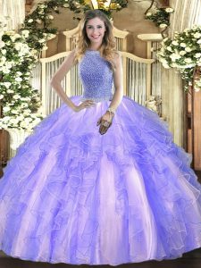 Lavender High-neck Lace Up Beading and Ruffles Quinceanera Dresses Sleeveless