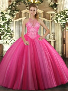 Wonderful Hot Pink Sleeveless Beading Floor Length Sweet 16 Dress